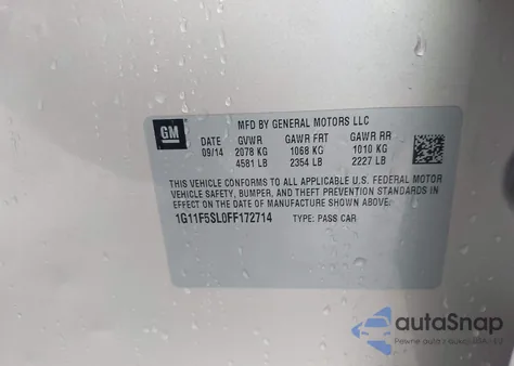 2015 Chevrolet Malibu 1Lz z USA, uszkodzony, nr VIN 1G11F5SL0FF172714